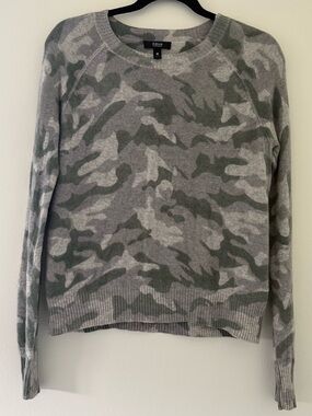 AQUA 100% Cashmere Camo Sweater Gray Green Crewneck Lightweight Size S